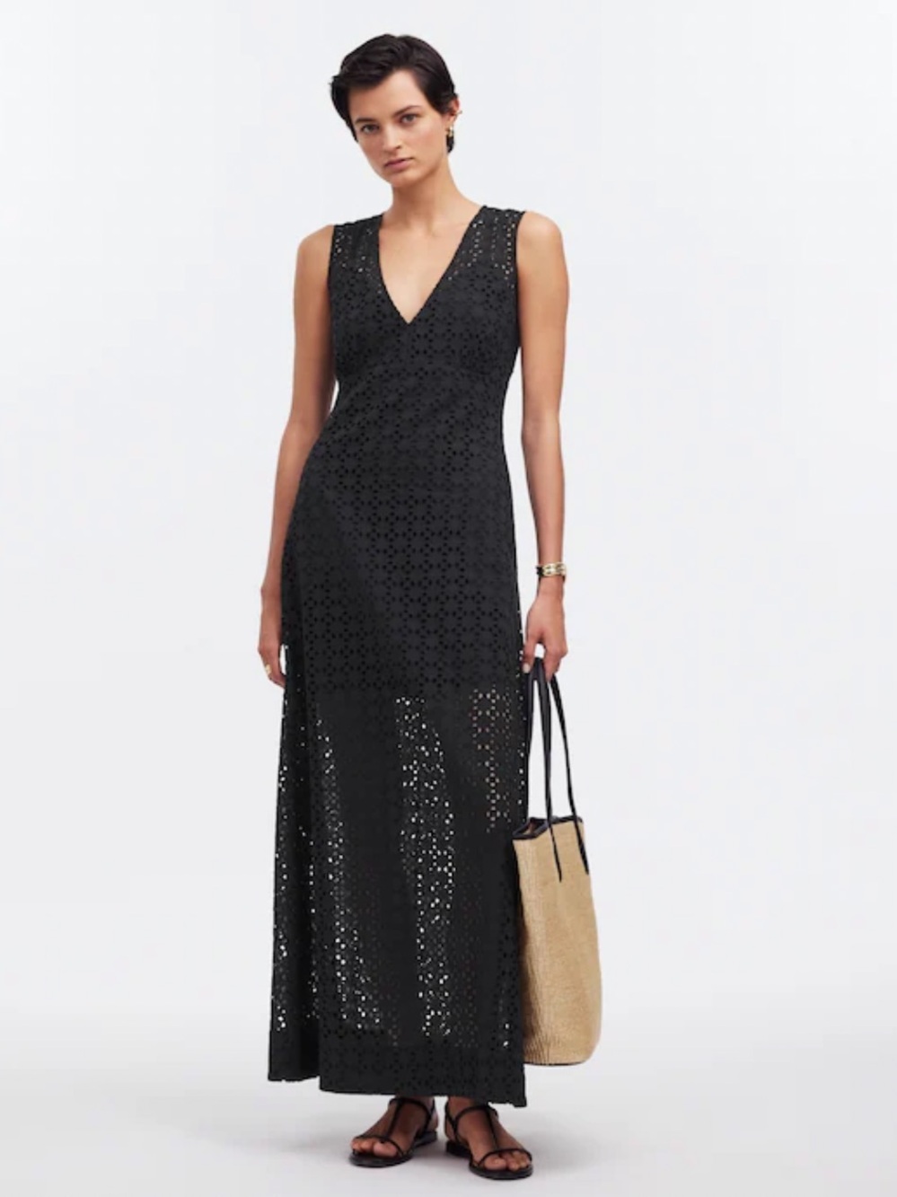 Madewell womens black eyelet v neck lined maxi dress 10